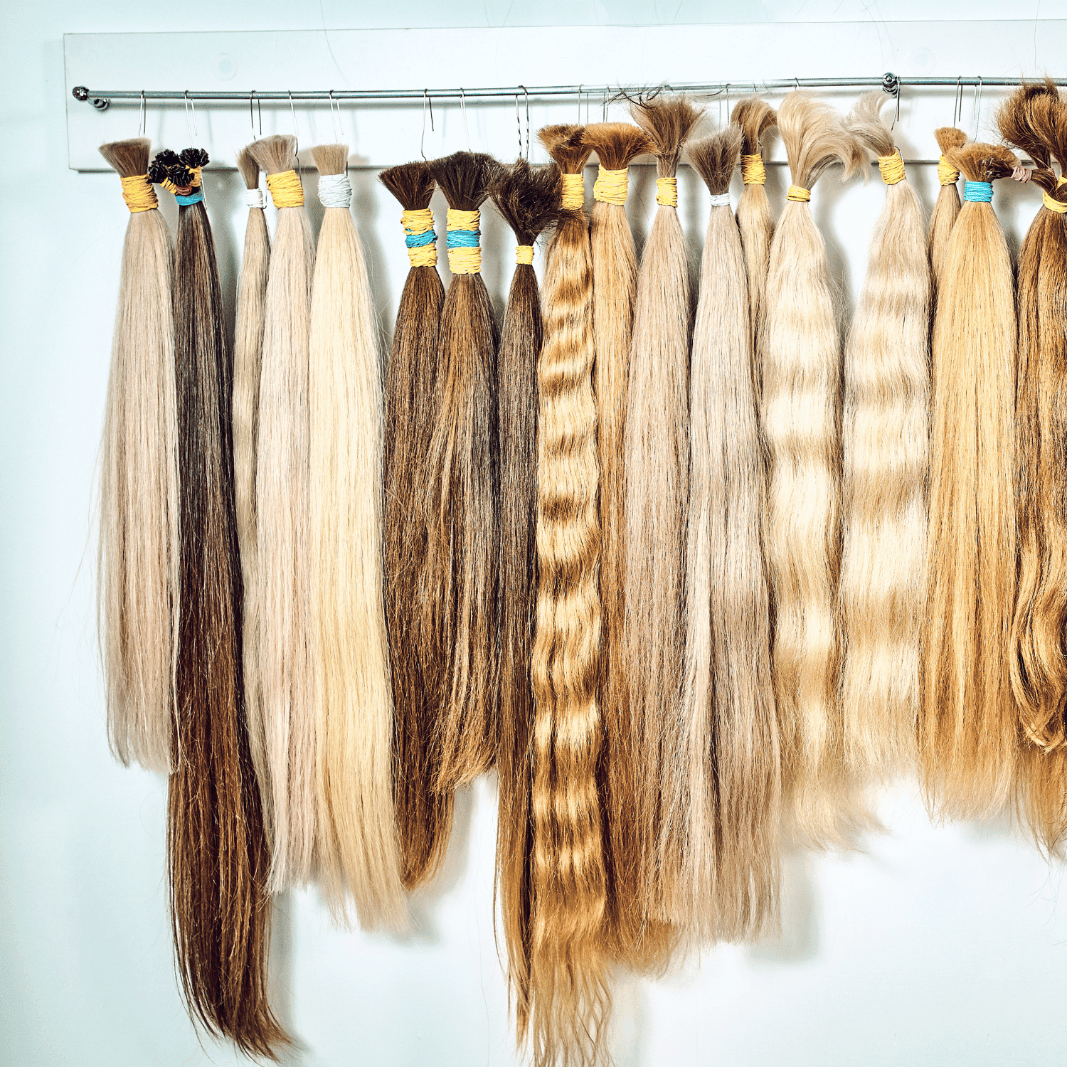 Locks of various shades of long hair hanging from hooks on a white wall.