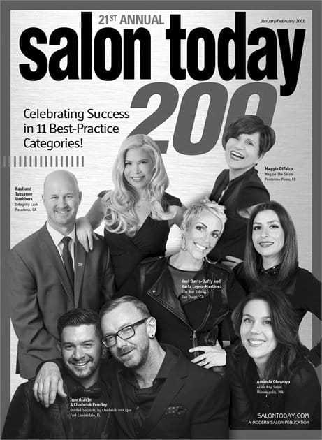 Magazine cover titled "Salon Today 200" with smiling salon professionals.