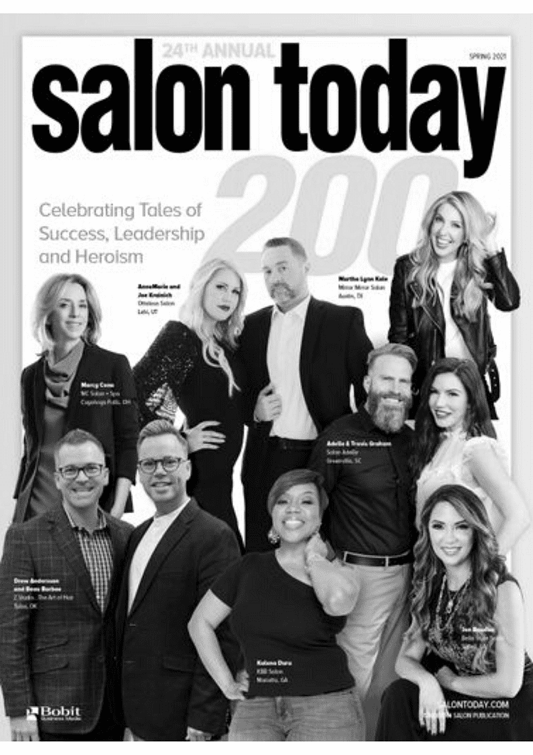 Group photo of salon professionals on a magazine cover titled "Salon Today 200".